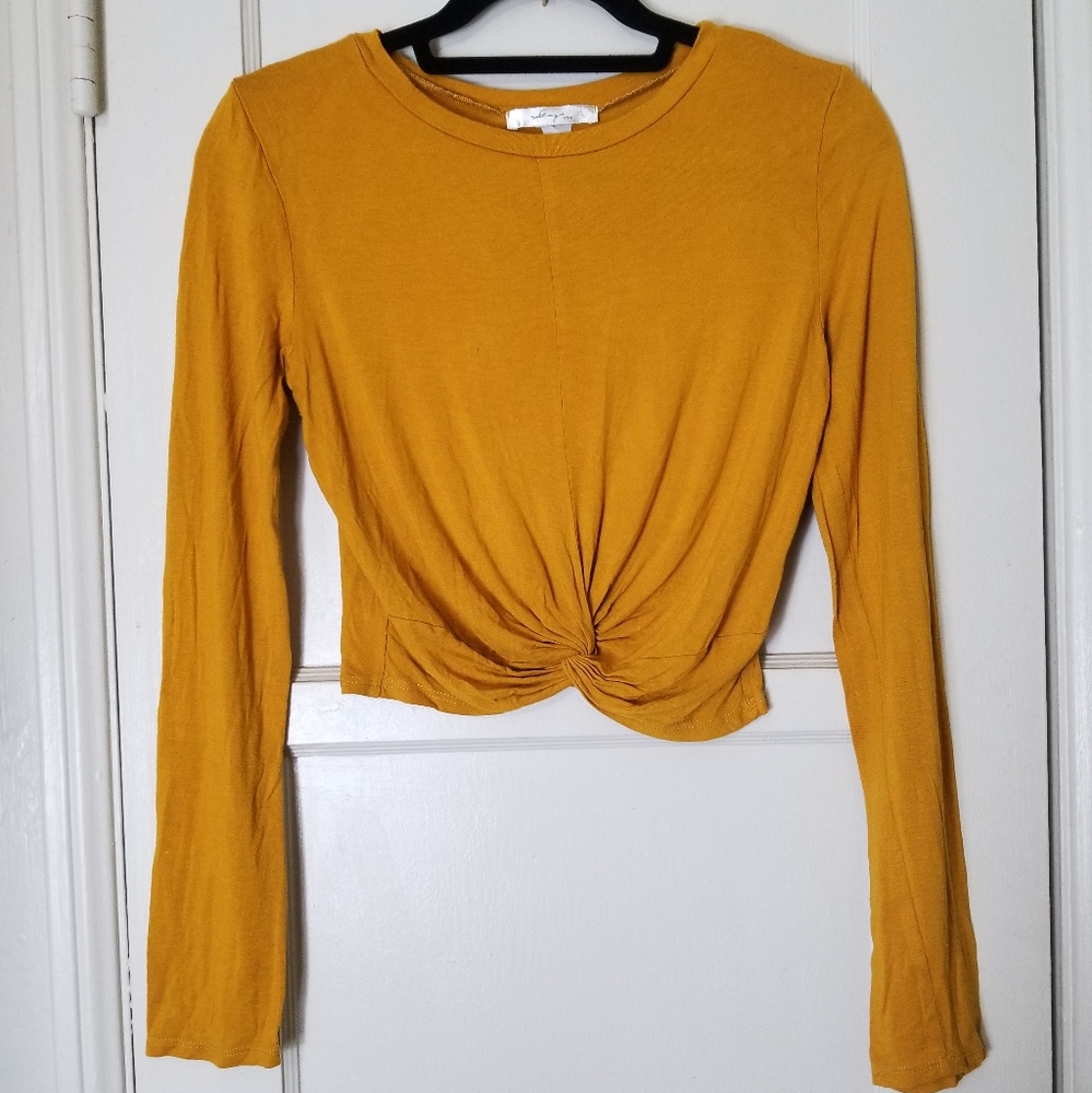 GAZE USA yellow long sleeve knot waist crop top